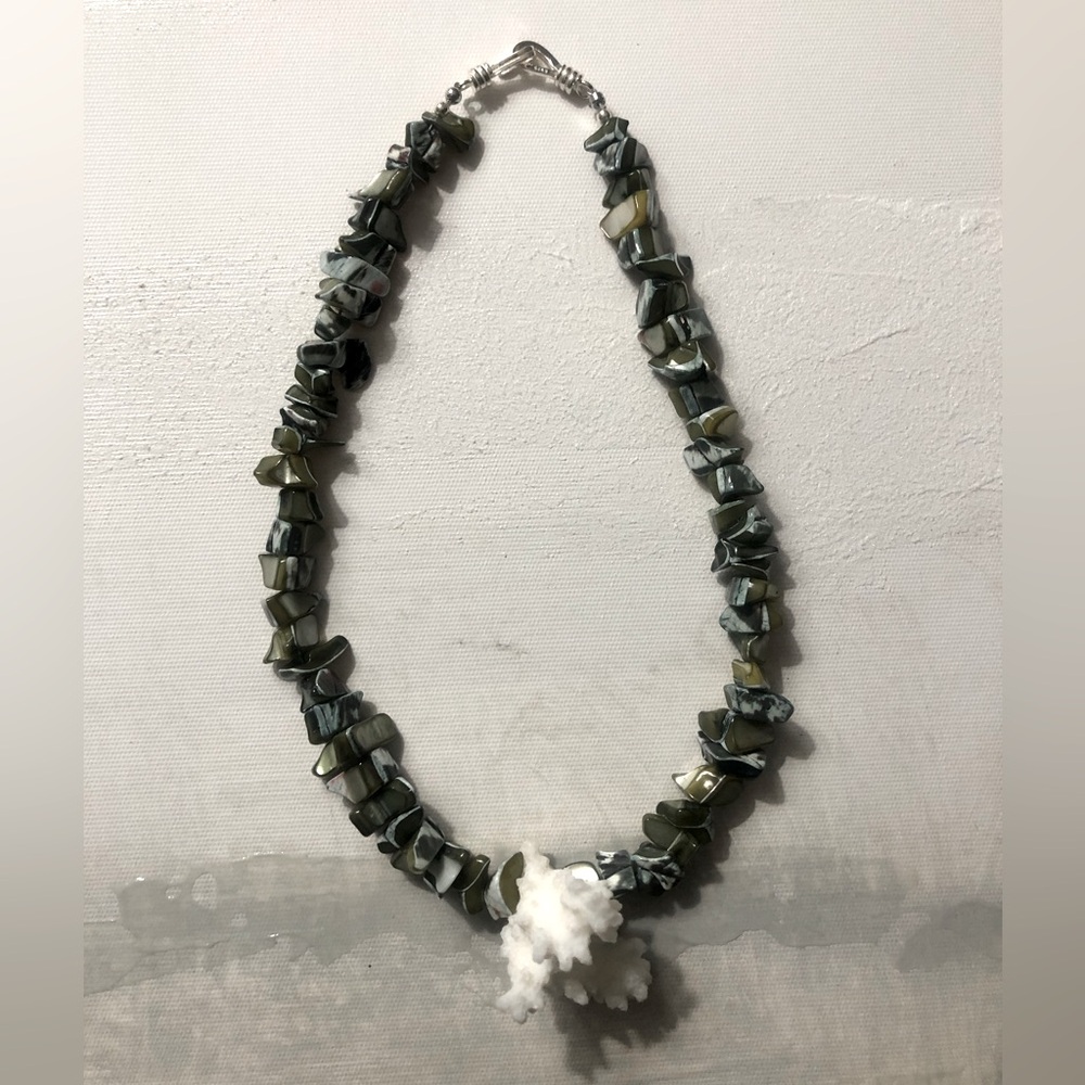 Gemstone Necklace with vintage Coral pendant and stern silver clasps.